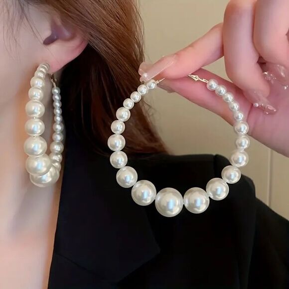 Full Faux Pearl Decor Hoop Earrings Elegant Classic Style Delicate - Picture 1 of 6